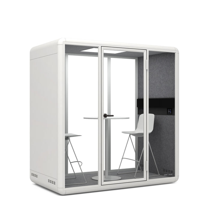 Modern office pod with white chair and standing desk on white background. (White)
