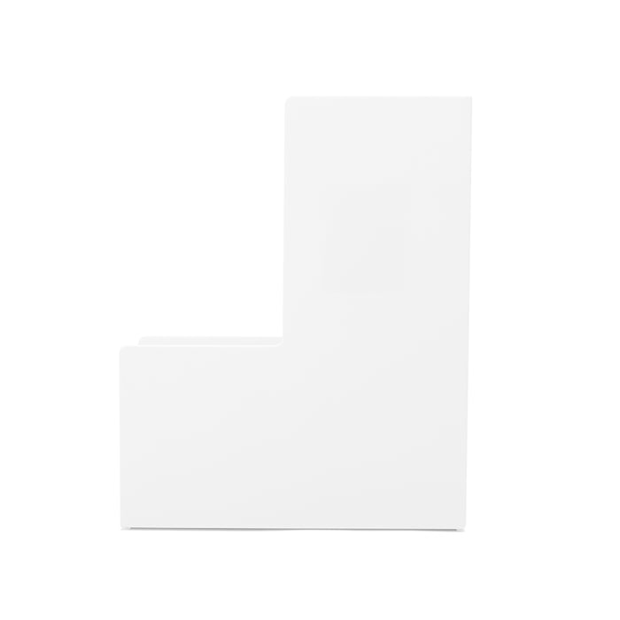 White minimalist L-shaped product display stand on a clean background. (White)