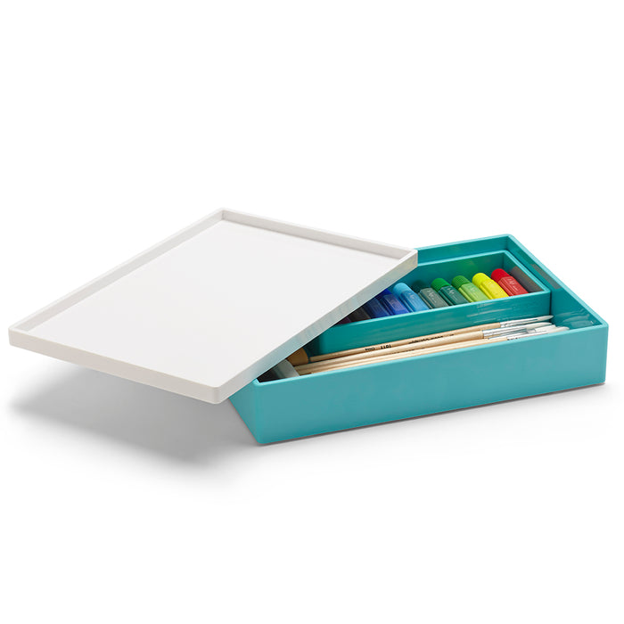 Organizer box with colorful markers and papers on white background. (Aqua)