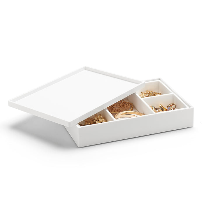 White jewelry organizer tray with compartments holding earrings and necklaces. (White)
