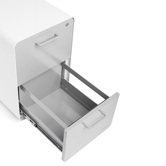 Open modern white filing cabinet with empty drawer on a white background. (Light Gray-White)