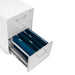 White office drawer open with organized blue folders against a white background. (Light Gray-White)