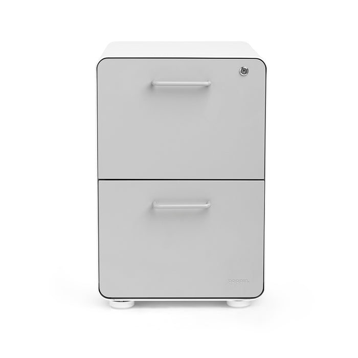 Modern white two-drawer filing cabinet isolated on white background. (Light Gray-White)