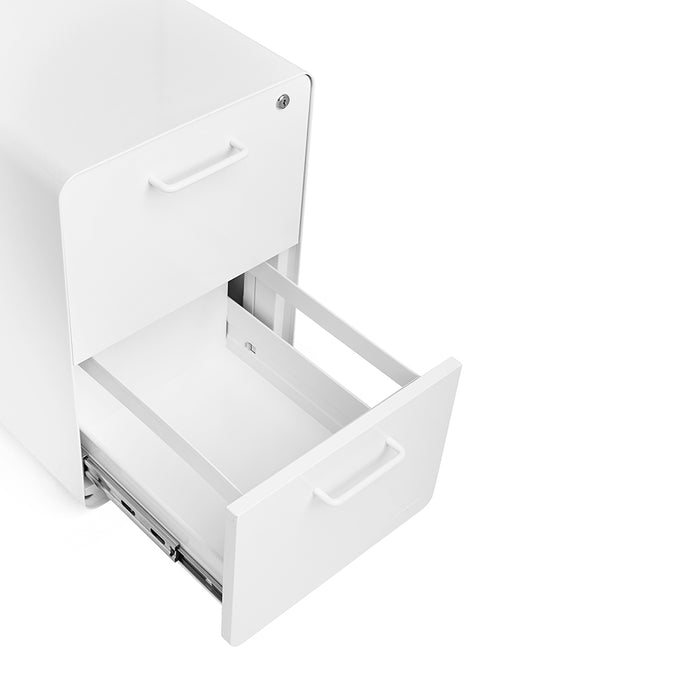 White modern cabinet with one open drawer on a white background. (White-White)