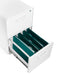 White file cabinet with open drawer showing green file folders on white background. (White-White)