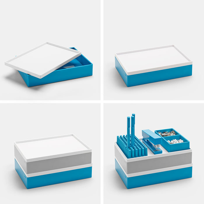 Blue and white multifunctional desk organizer set on a white background. (Blush)(White)(Aqua)