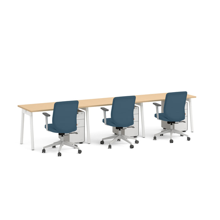 Modern office boardroom table with blue chairs on white background. (Natural Oak-47&quot;)