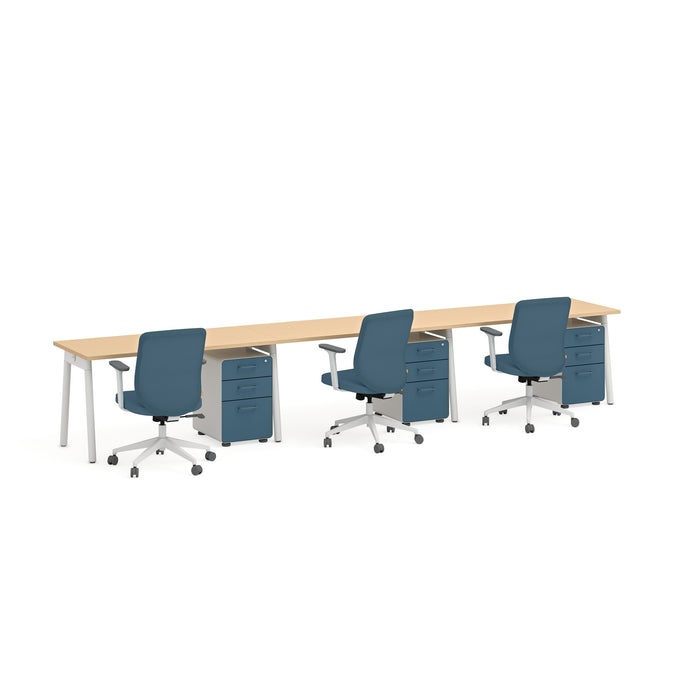 Modern office table with blue chairs and matching cabinets on white background. (Natural Oak-57&quot;)