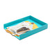Blue tray holding various documents and letters on a white background. (White)(Aqua)