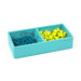 Blue desk organizer with paper clips and push pins on white background. (Aqua)