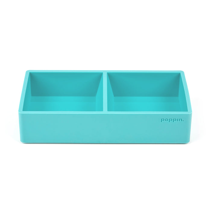 Turquoise Poppin brand desk organizer with dual compartments on white background. (Aqua)