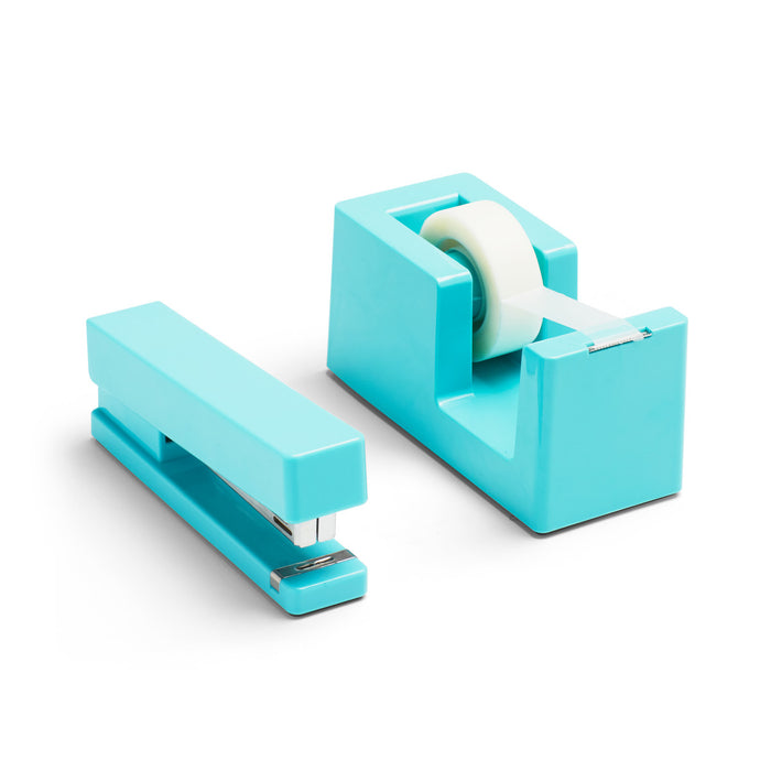 Blue stapler and tape dispenser office set on white background. (Aqua)