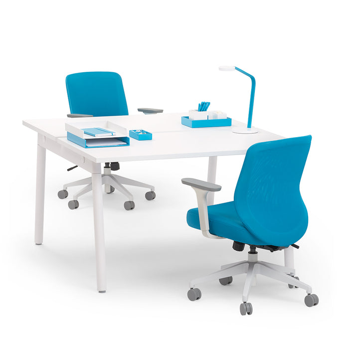 Modern white office desk with blue chairs and matching stationery on white background. (White-47&quot;)