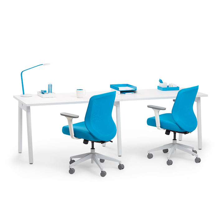 Modern office desks with blue chairs and stationery on white background. (White-47&quot;)