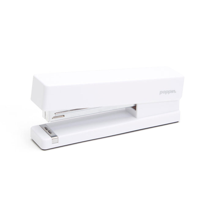 White modern Poppin brand desktop stapler isolated on white background. (White)