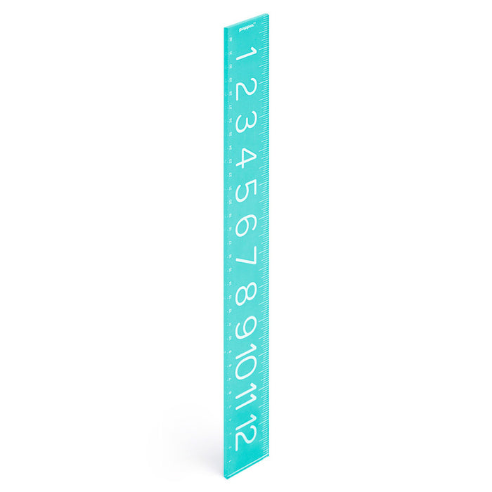 Blue plastic ruler standing vertically on a white background. (Aqua)