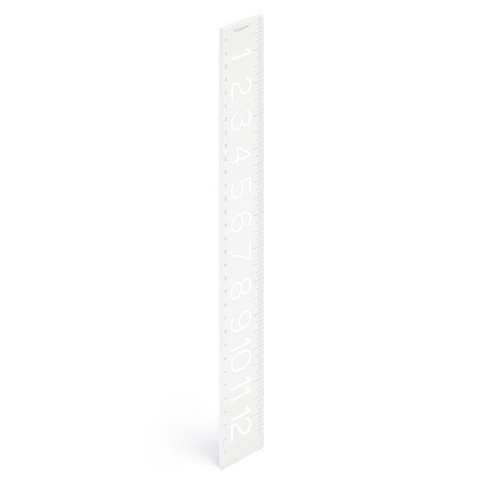 White 30 centimeter ruler standing on end against a white background. (White)