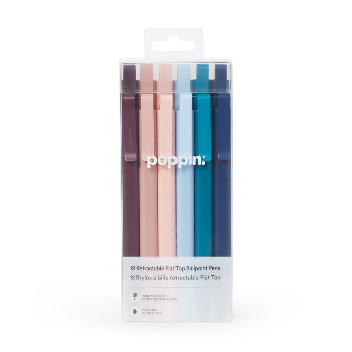 Pack of 12 Poppin retractable flat top ballpoint pens in assorted 