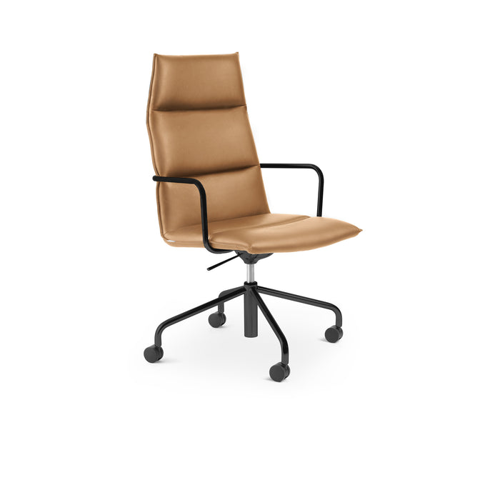 Modern tan leather office chair with black armrests and wheels on a white background (Tan-Black)