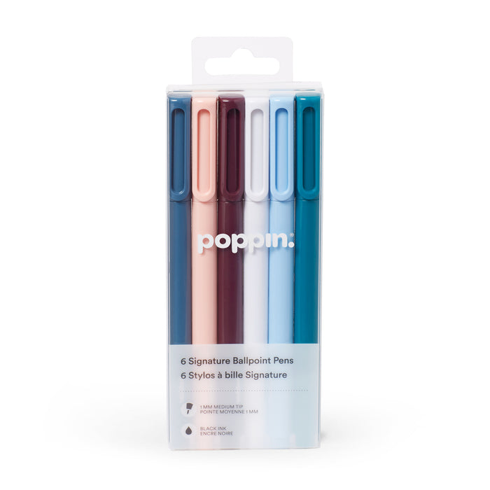Colorful Poppin brand ballpoint pens in a clear package on a white background. 
