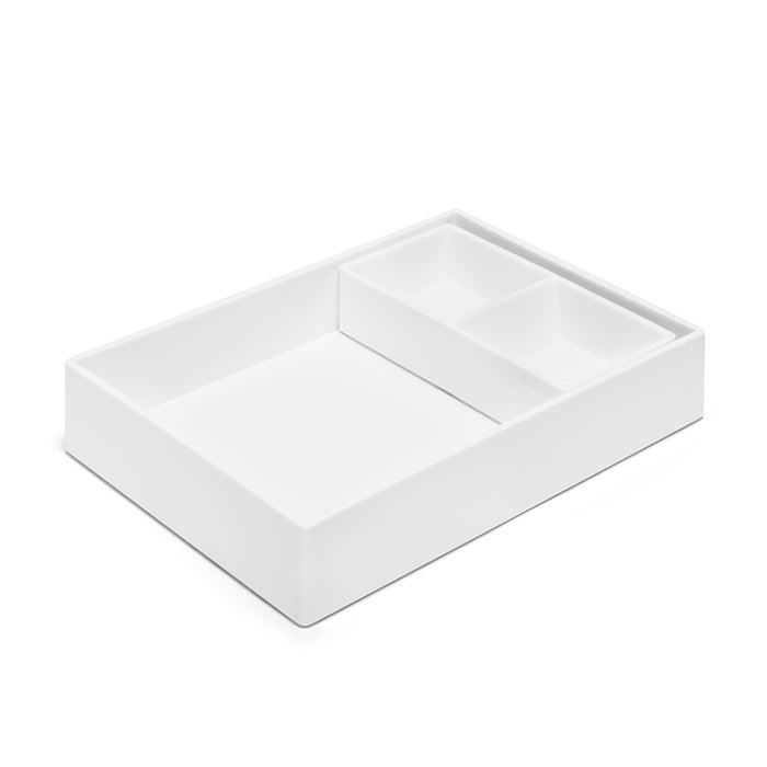White desk organizer with compartments on a white background. (White)