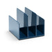 Blue acrylic office desk organizer with three compartments on white background. (Slate Blue)
