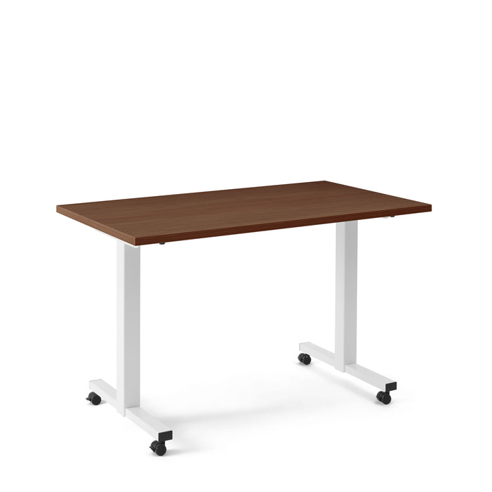Modern mobile wooden desk with white metal legs on a white background. (Walnut-47&quot;)