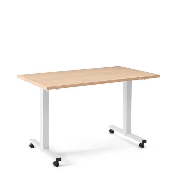 Modern wooden top office table with metal legs and wheels on a white background. (Natural Oak-57&quot;)