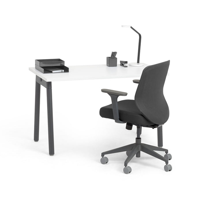Modern office desk with black ergonomic chair and desk lamp on white background. (White-47&quot;)