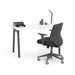 Modern home office setup with white desk, black ergonomic chair, and desk lamp. (White-57&quot;)