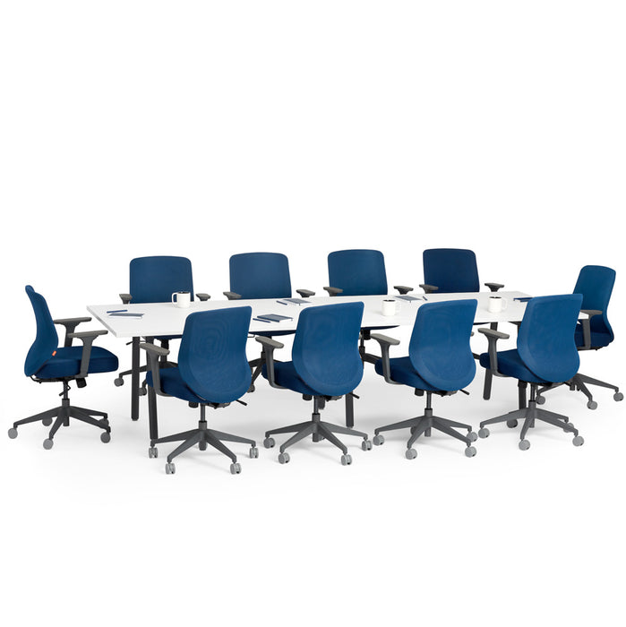 Conference room with white table and blue office chairs on white background. (White-124&quot; x 42&quot;)(White-124&quot; x 42&quot;)