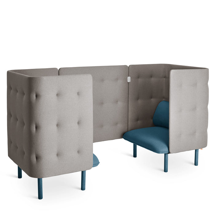 Modern L-shaped tufted booth with blue cushions and grey backrest on a white background. (Dark Blue-Gray)