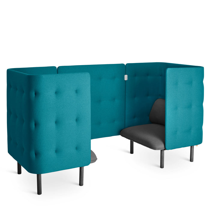 Blue tufted office privacy booth with black seats on a white background. (Dark Gray-Teal)