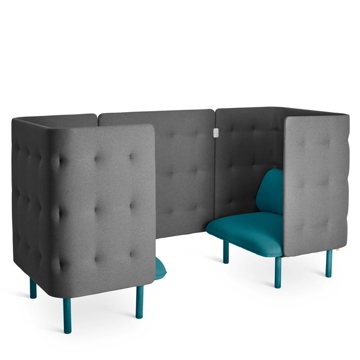Modern grey office privacy booth with blue cushions on white background. (Teal-Dark Gray)