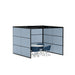 Modern office cubicle with blue chairs and privacy panels on white background. (Black-Private-Blue Panel)