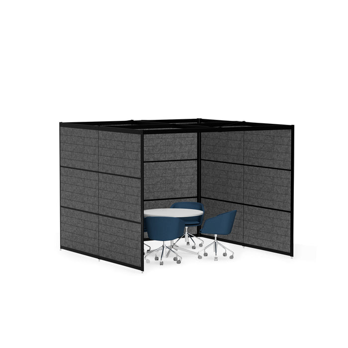 Modern office cubicle with black partitions and blue chairs on white background. (Black-Private-Black Panel)