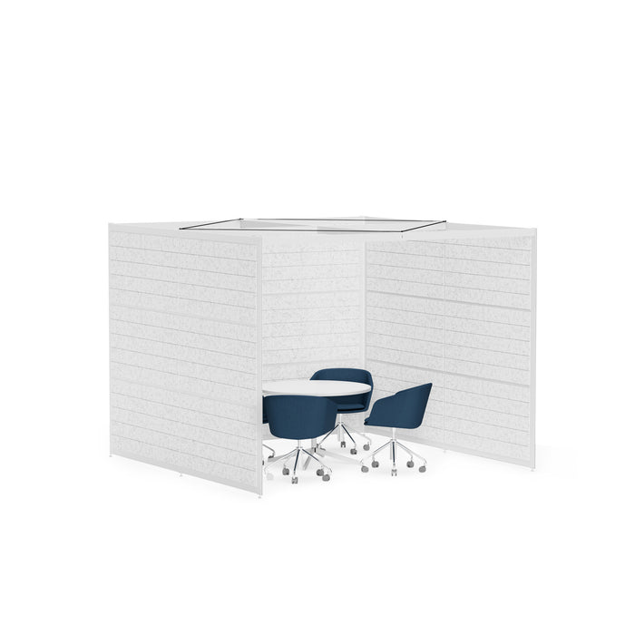 Modern office cubicle with white walls and blue chairs on white background. (White-Private-White Panel)