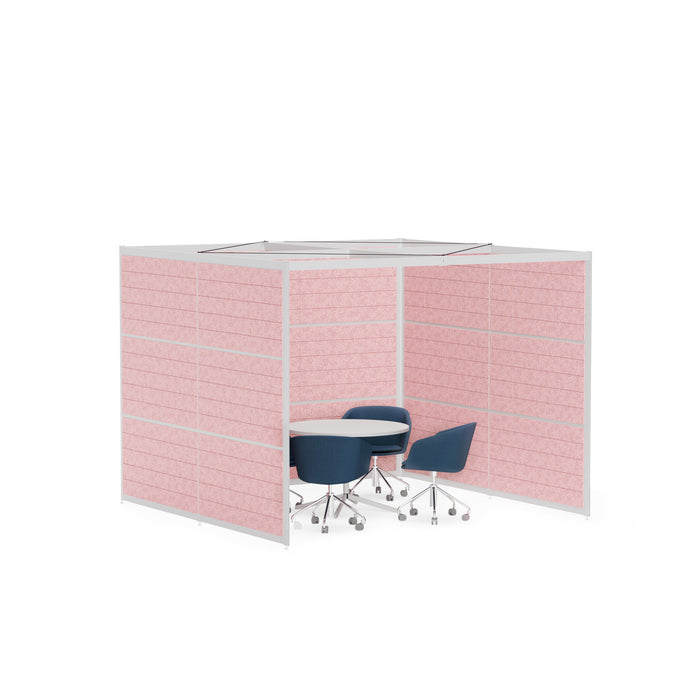 Modern office cubicle with pink partitions and stylish blue chairs (White-Private-Rose Panel)