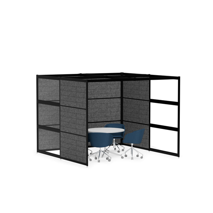 Modular office cubicle with black frames, gray panels, and blue chairs (Black-Semi-Private-Black Panel)