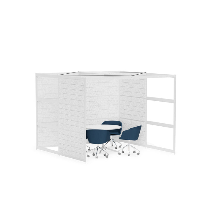 Modern office cubicle with white partitions, blue chairs, and an open shelf. (White-Semi-Private-White Panel)