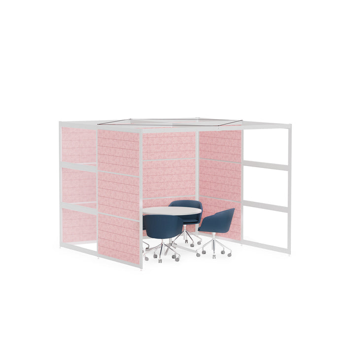 Modern office cubicle with pink partitions, desk, and blue chairs on white background. (White-Semi-Private-Rose Panel)