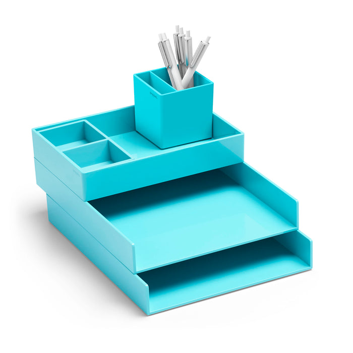 Blue desk organizer with shelves and pencils on white background (Aqua)