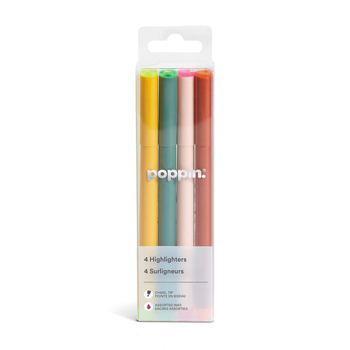 Pack of four Poppin highlighters in assorted colors on white background. 