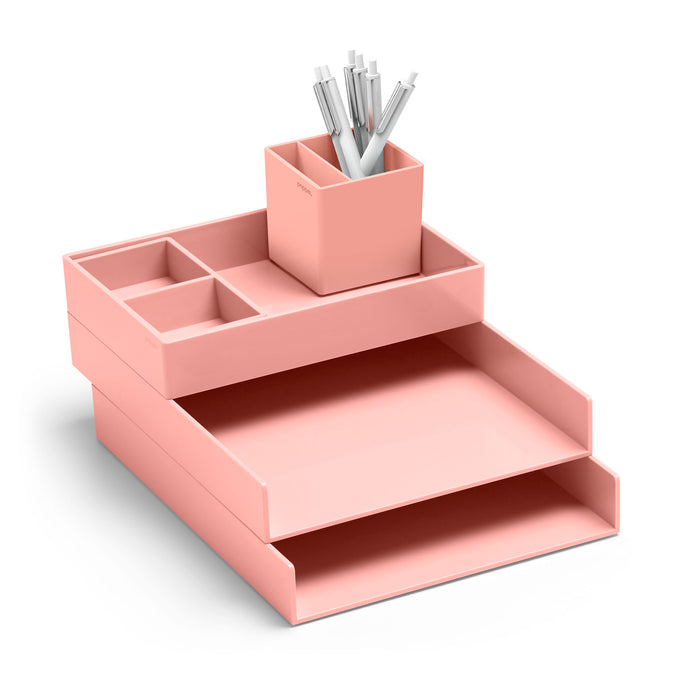 Pink desk organizer with compartments and white pens on a white background. (Blush)