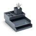 Gray desk organizer with trays and pencil holder on white background. (Dark Gray)