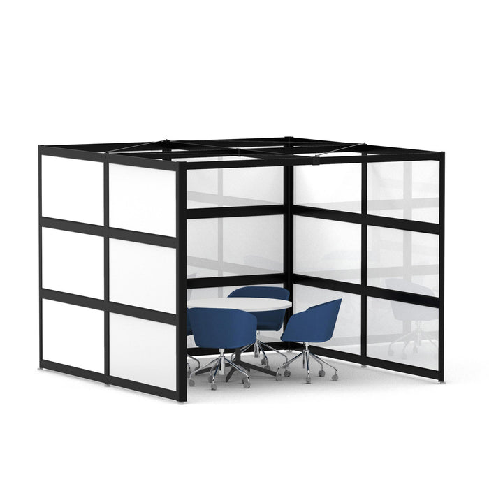 Modern office cubicle with transparent partitions and blue chairs (Black-Private-White Glass)