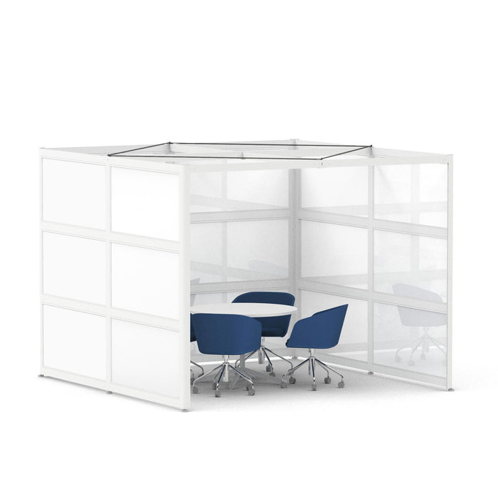 Modern office meeting pod with transparent walls and blue chairs (White-Private-White Glass)