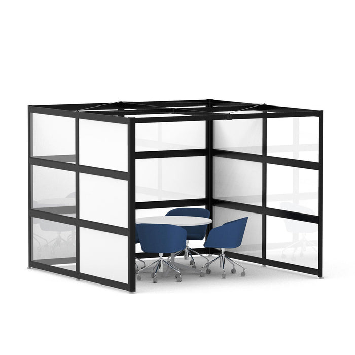 Modern office meeting pod with glass walls and blue chairs on white background (Black-Semi-Private-White Glass)