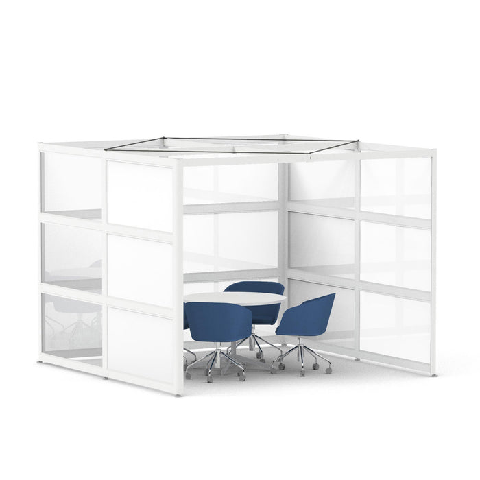 Modern office meeting pod with glass walls and blue chairs. (White-Semi-Private-White Glass)