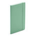 Green notebook with elastic closure standing upright against white background. (Sage)